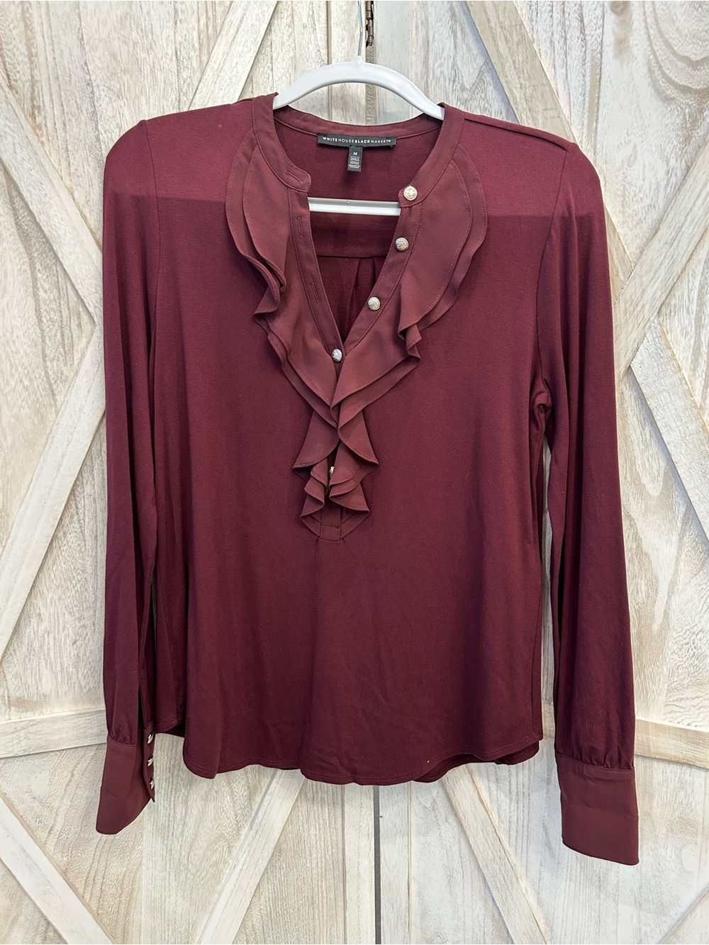 White House Black Market Burgundy Ruffle-Front Long Sleeve Blouse